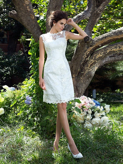 Wedding Dresses Princess Sheer Neck Applique Sleeveless Short Satin