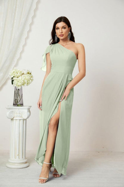 Numbersea Chiffon Ruffled One Shoulder Long Bridesmaid Dresses A-line Formal Evening Gown Side Split 2809-numbersea