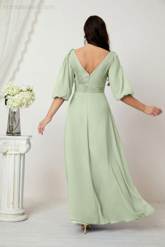 Numbersea Formal Prom Gown Women V-Neck Chiffon Bridesmaid Dresses Long Bishop Sleeve Party Dress 2807-numbersea