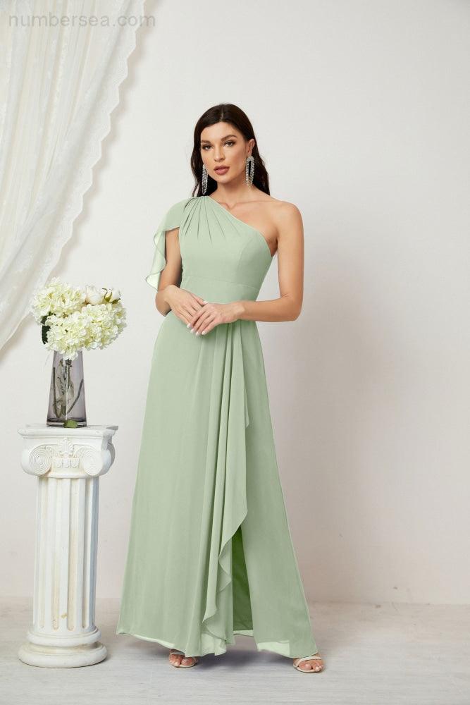 Numbersea Chiffon Ruffled One Shoulder Long Bridesmaid Dresses A-line Formal Evening Gown Side Split 2809-numbersea