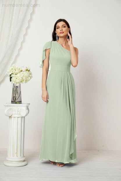 Numbersea Chiffon Ruffled One Shoulder Long Bridesmaid Dresses A-line Formal Evening Gown Side Split 2809-numbersea