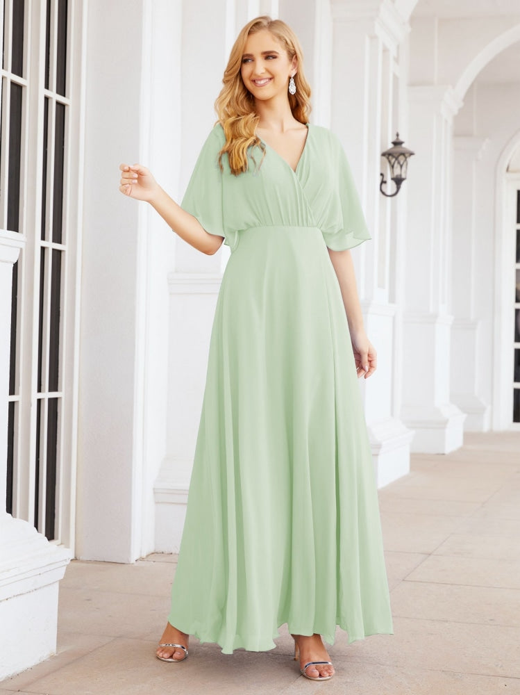 Numbersea V-Neck Bridesmaid Dress Chiffon Long Open Back Formal Dresses for Women Party Evening 28067-numbersea