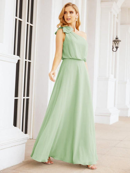 Numbersea Chiffon Ruffled One Shoulder Sleeveless Long Bride Dresses A-line Formal Evening Gown Side Split 28057-numbersea