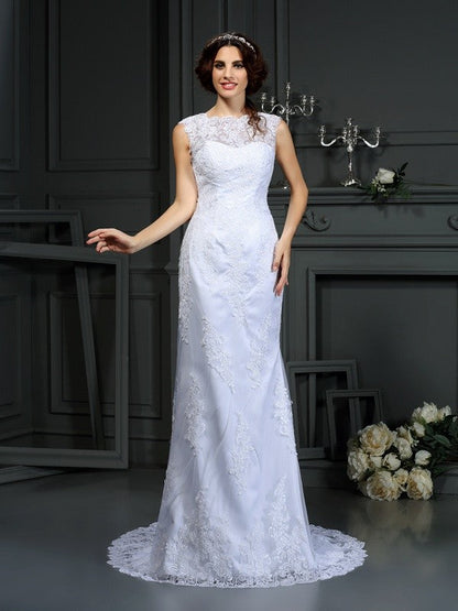 Sheath/Column High Neck Lace Sleeveless Long Lace Wedding Dresses