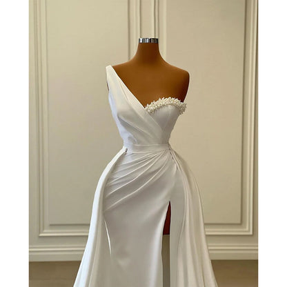 White Elegant One Shoudler Ruched Beaded Slit Mermaid Formal Prom Dress