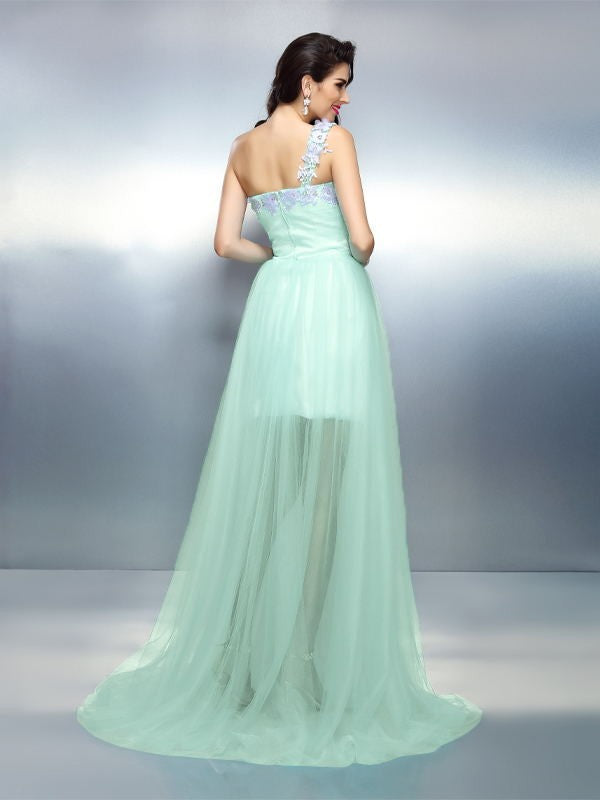 Sheath/Column One-Shoulder Applique Sleeveless Long Elastic Woven Satin Dresses