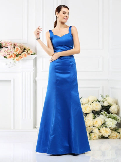 Numbersea Sheath Column Straps Sleeveless Long Satin Bridesmaid Dresses