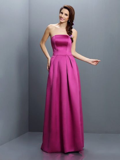 Sheath/Column Strapless Sleeveless Long Satin Bridesmaid Dresses