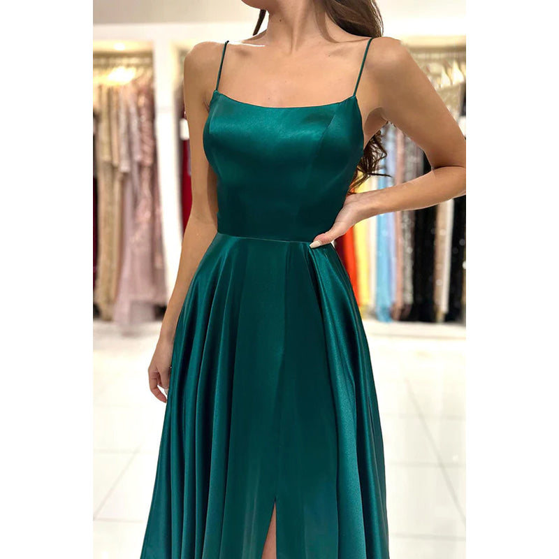 Sheath/Column Straps Satin Pleats Sleeveless Prom Evening Formal Dress