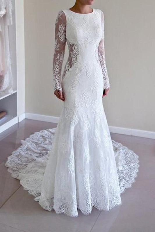 NumberSea White Lace Mermaid Long Sleeve Backless Wedding Dresses with Sweep Train, MW181