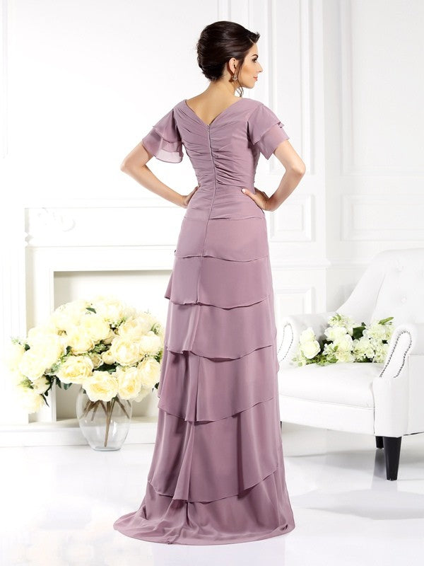 Sheath/Column V-neck Short Sleeves Long Chiffon Mother of the Bride Dresses