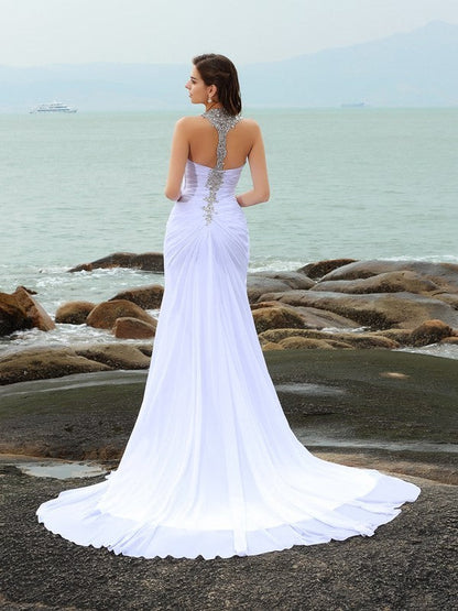 Sheath/Column Straps Beading Sleeveless Long Chiffon Beach Wedding Dresses