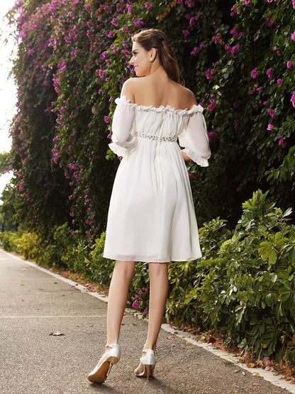 Wedding Dresses Princess Off-the-Shoulder Beading 1/2 Sleeves Short Chiffon