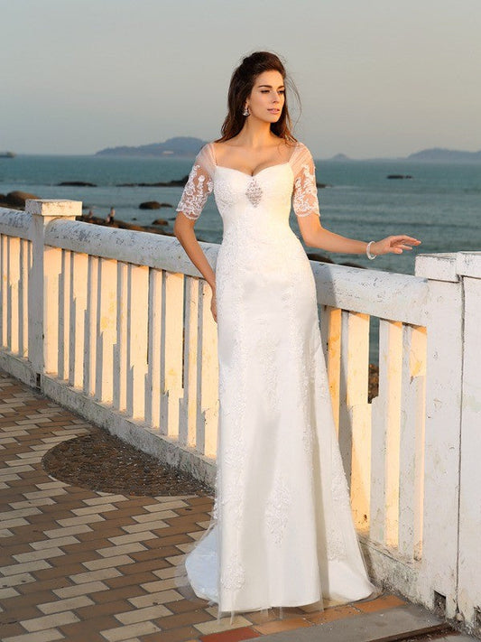 Sheath/Column Sweetheart Applique Short Sleeves Long Satin Beach Wedding Dresses