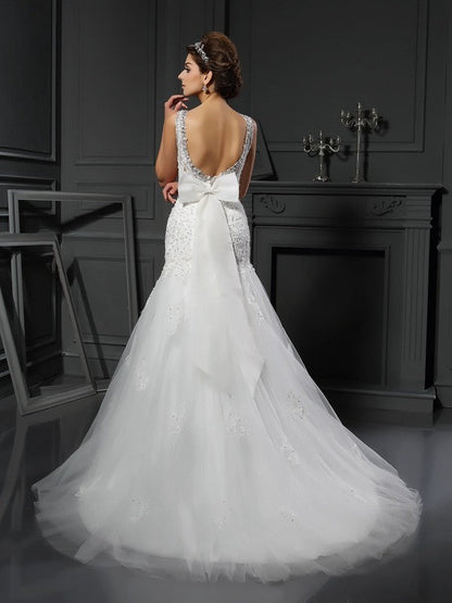 Sheath/Column Scoop Applique Sleeveless Long Net Wedding Dresses