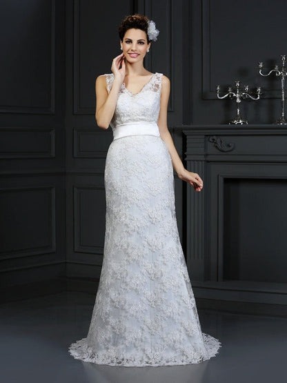 Trumpet/Mermaid Sweetheart Applique Sleeveless Long Lace Wedding Dresses