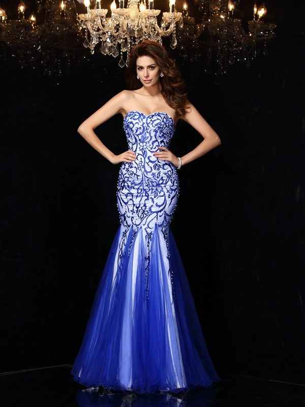 Sheath/Column Sweetheart Beading Sleeveless Long Net Dresses