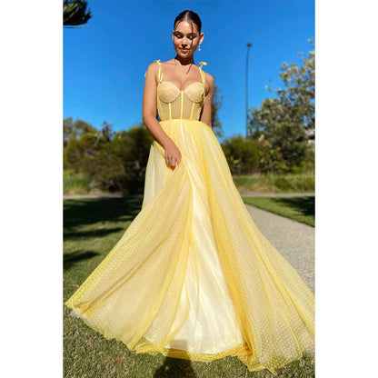 Spaghetti Straps Sweetheart Yellow Tulle Long Prom Dress