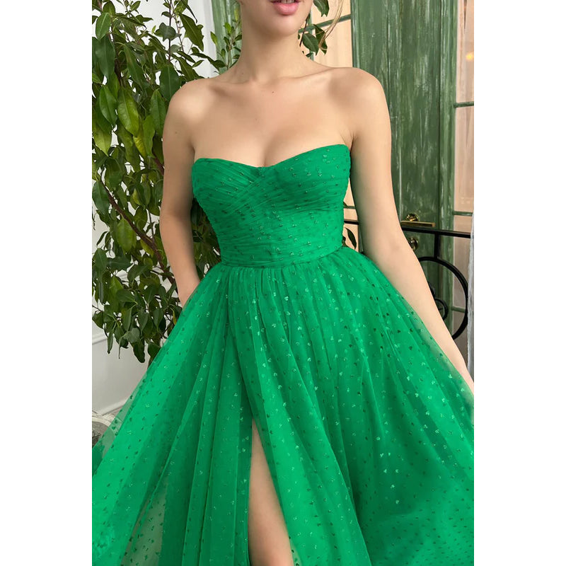 Sheath/Column Strapless Chiffon Appliques Split Sleeveless Prom Dress