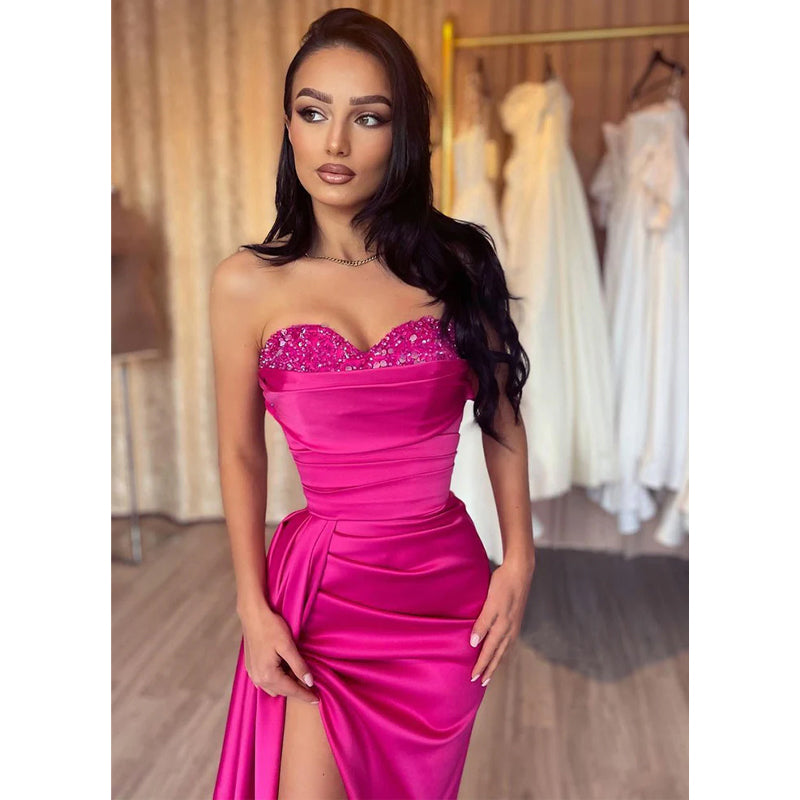 Sheath Sweetheart Satin Pleated Side Slit Long Prom Formal Dress