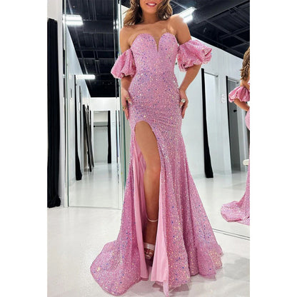 Glitter Off-shoulder Puff Sleeves Beaded with Side Slit Party Prom Evening Dress