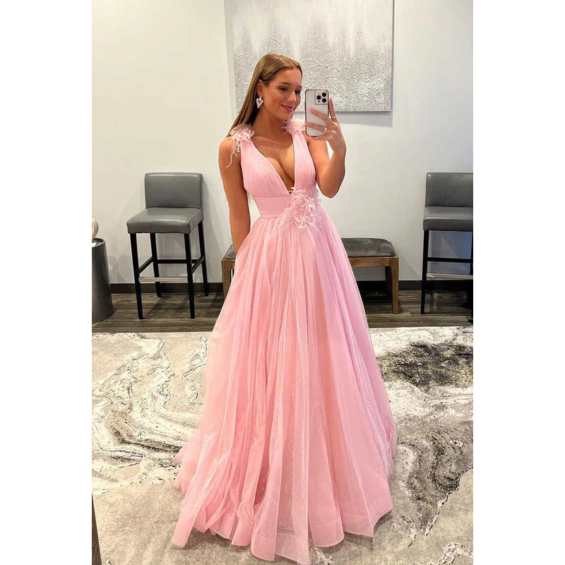 Deep V-Neck Ruched Tulle A-Line Long Prom Gown