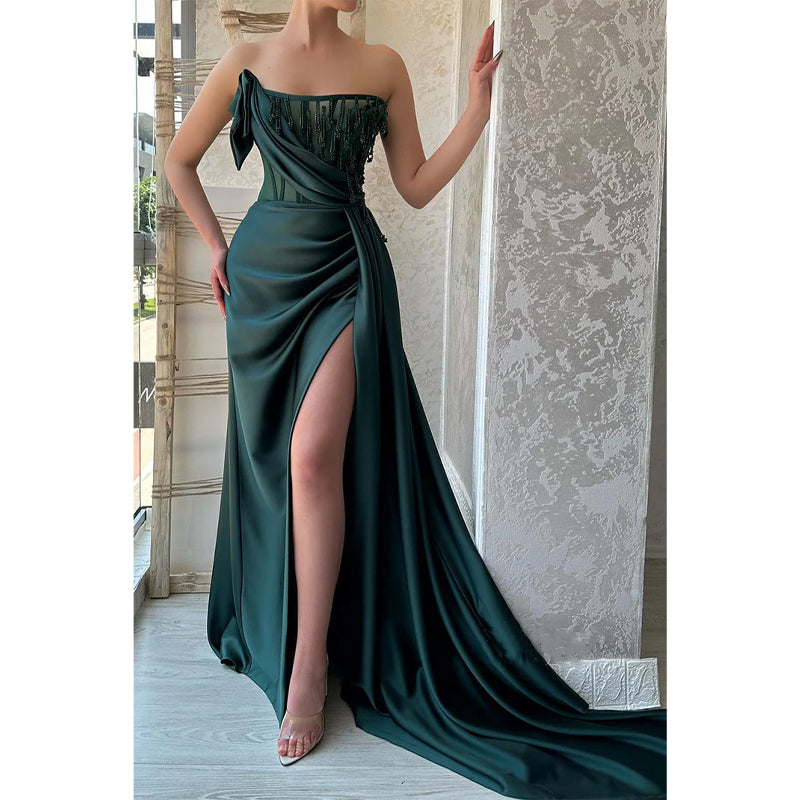 Strapless Bedaed Green Illusion Pleats Satin Long Prom Dress with Sweep Train