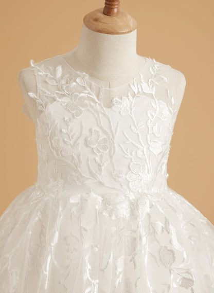 Ivory Lace and Tulle Flower Girl Dress with Floor-Length Design and Elegant Bow (2003227417)