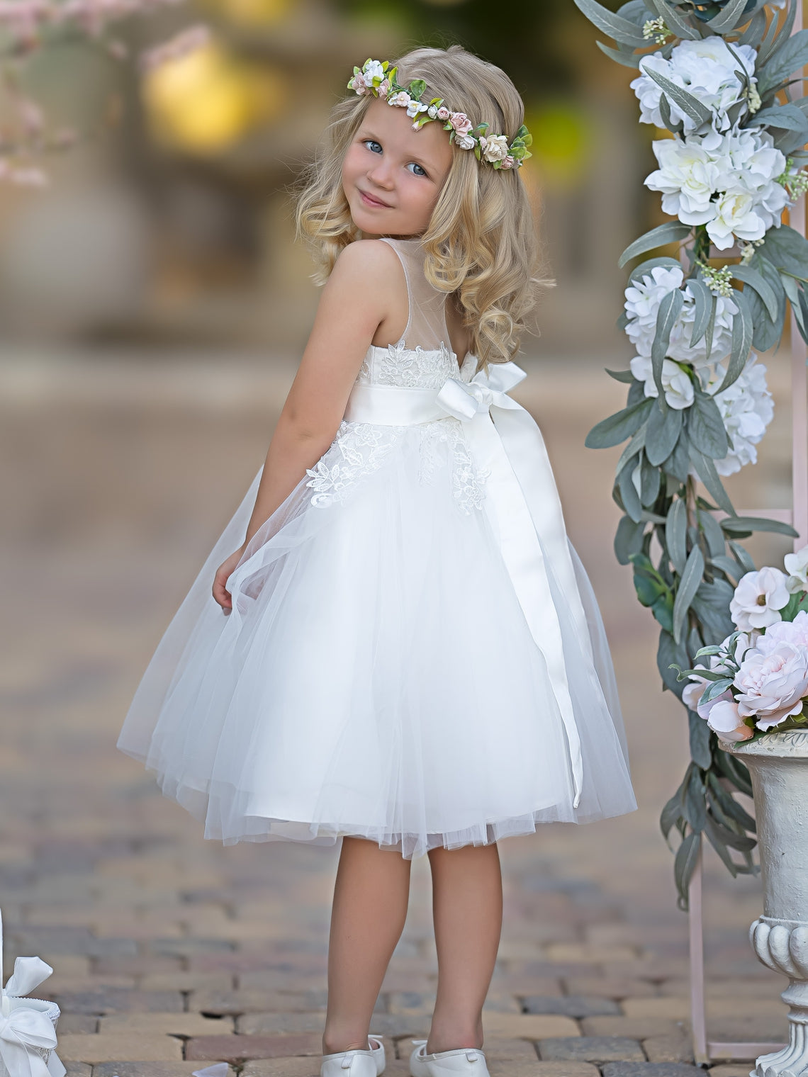 Lace Tulle Knee-length First Communion Flower Girl Dress