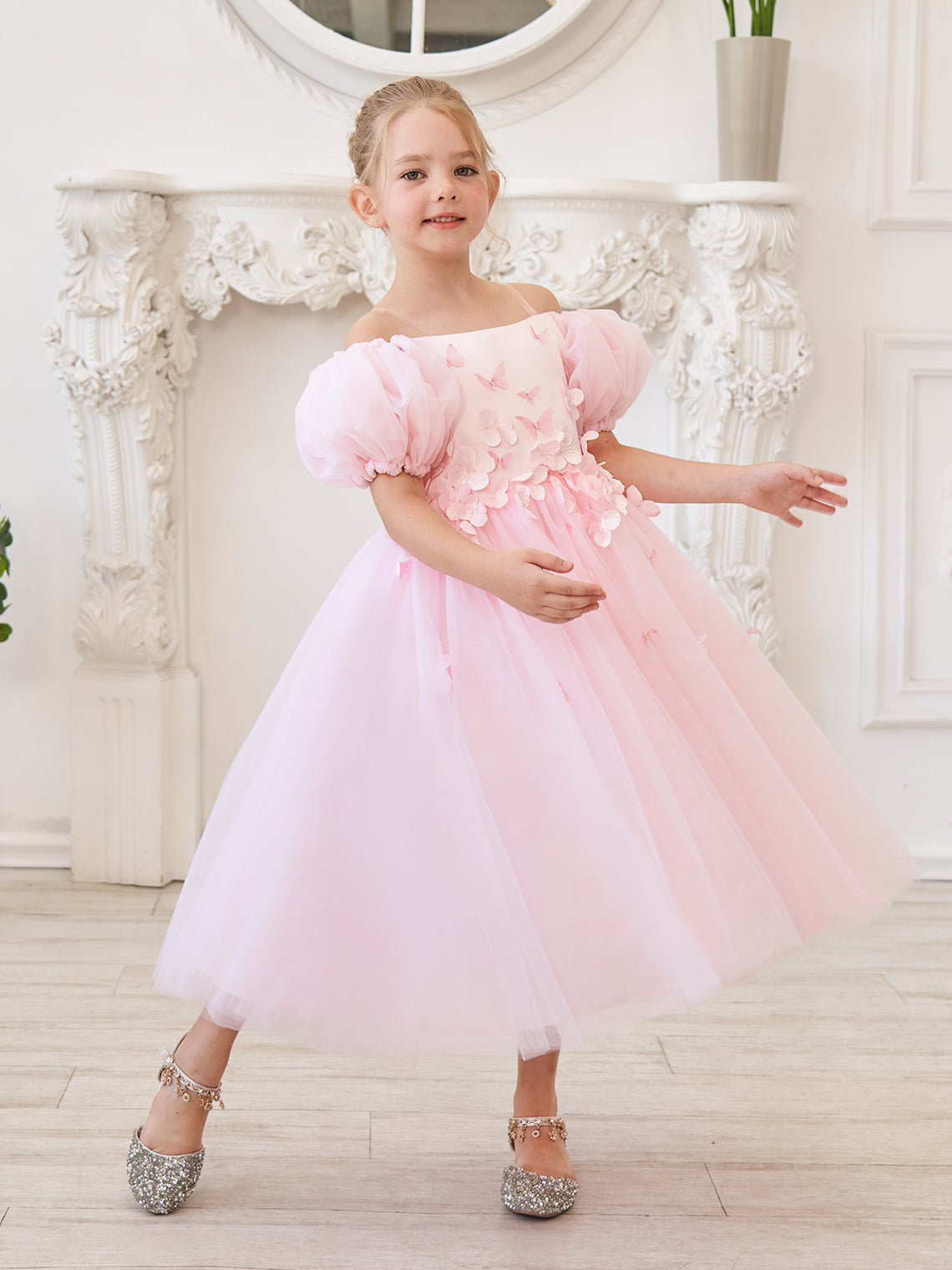 Puffy Sleeves Off-Shoulder 3D Floral Appliques Tulle Tea-length Flower Girl Dress