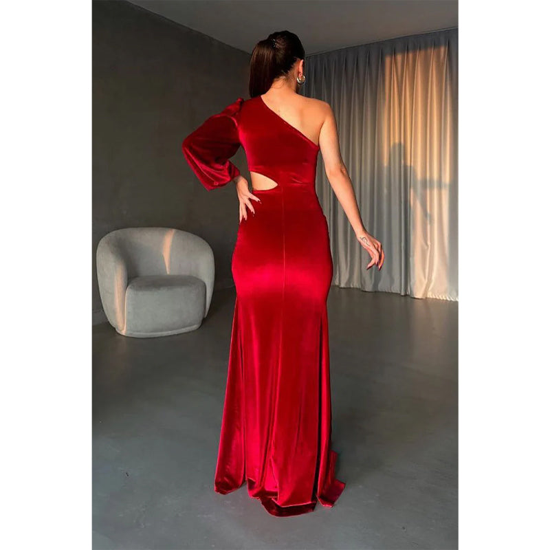 Etui-Linie/Säule Burgunderrotes One-Shoulder-Sleeve-Abendkleid aus Samt 