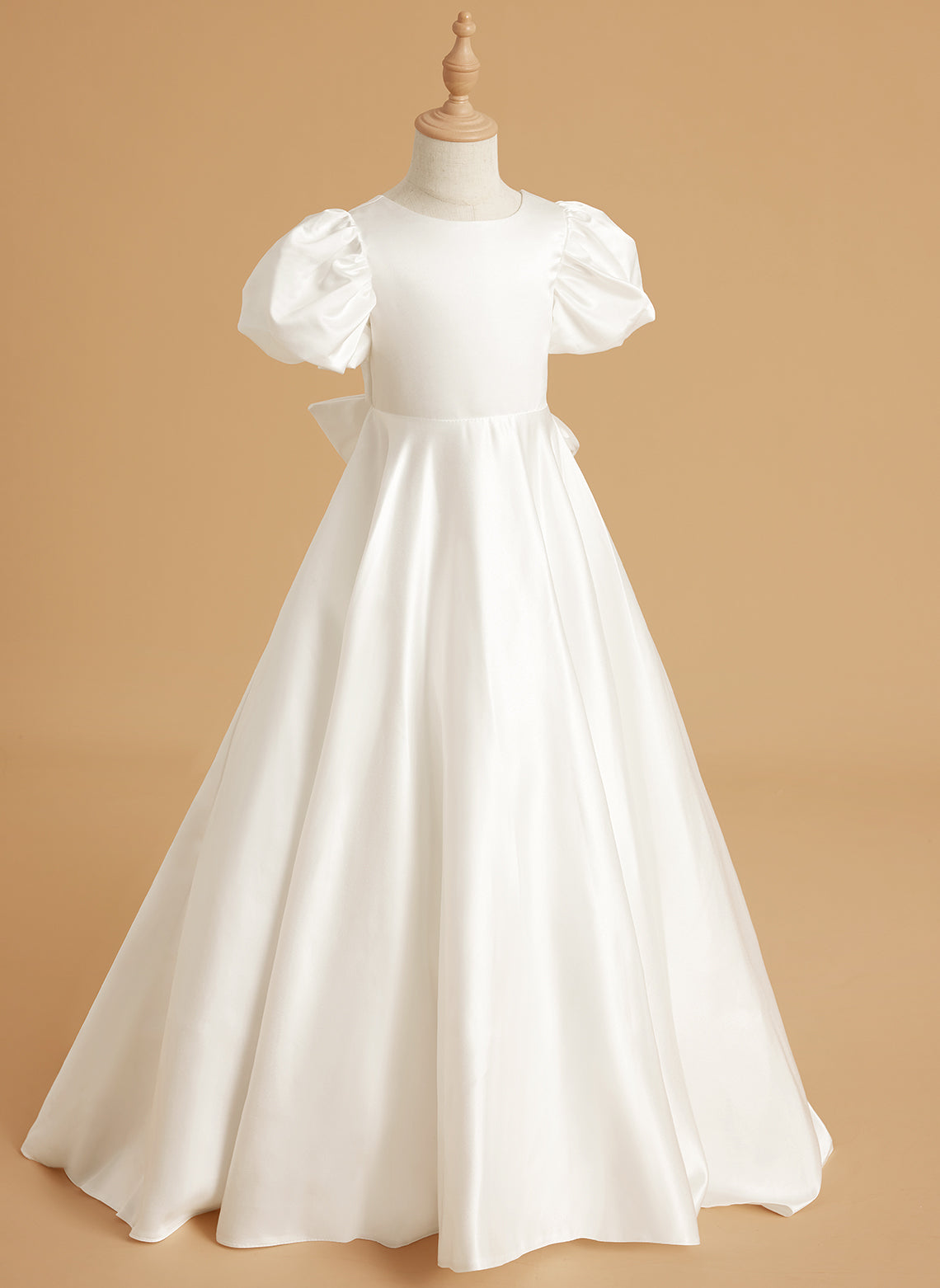 Puff Sleeve Bow Button Back Sweep Train Flower Girl Dress