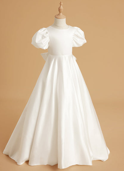 Puff Sleeve Bow Button Back Sweep Train Flower Girl Dress