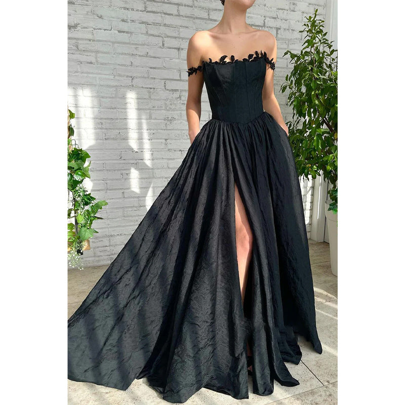 Langes Ballkleid mit Schlitz und Taschen für Damen, quadratisch, schwarz, Spitze 