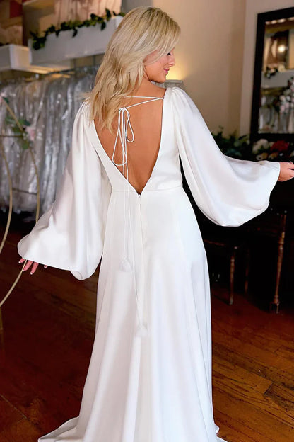 Wedding Dress White Satin Simple A-Line Long with Slit