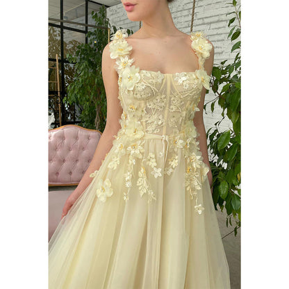 Double Straps 3d Appliques Yellow Prom Dress Long