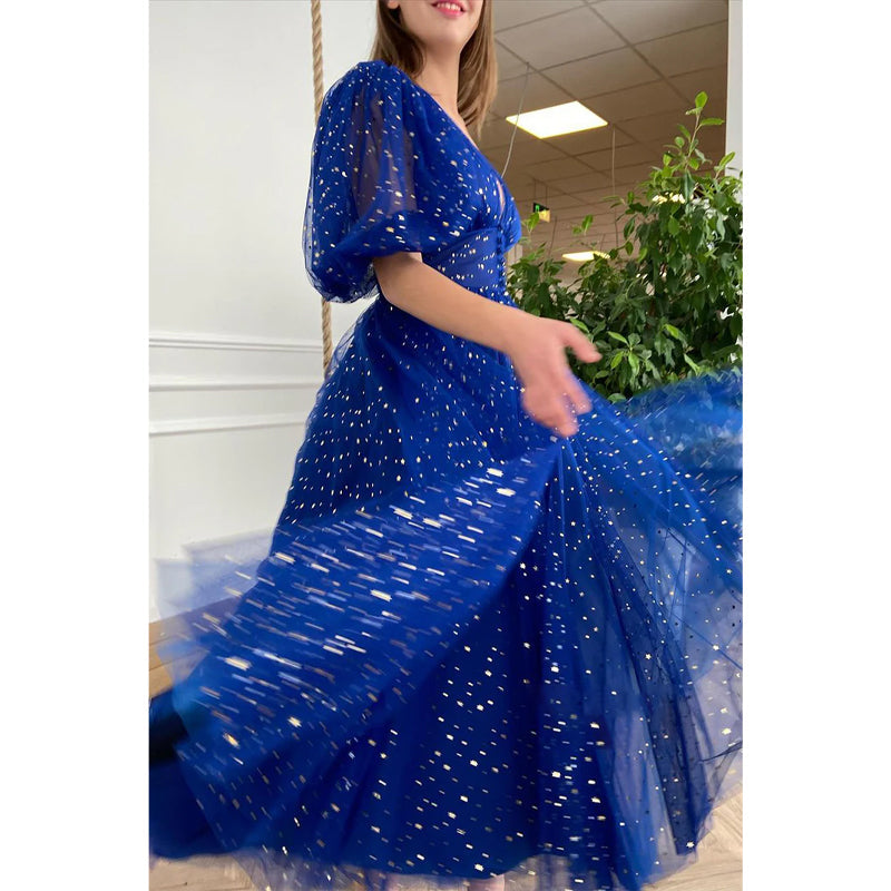 Plunging V-neck Half Sleeves Sparkly Formal Dress with Slit