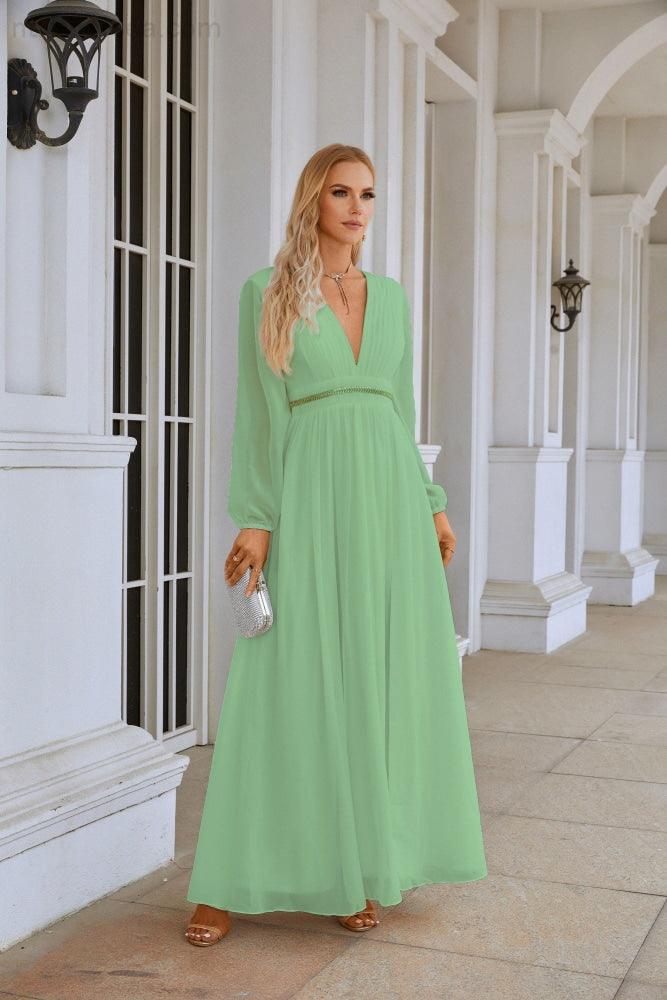 Ladies V Neck Chiffon Long Sleeve Front Slit Bridesmaid Evening Dress Wedding Party Shopping Evening Dress 28109-numbersea