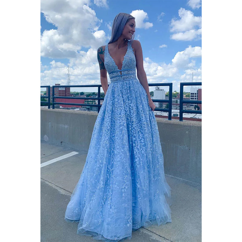 Sky Blue Lace Deep V-neck A-line Long Prom Dress