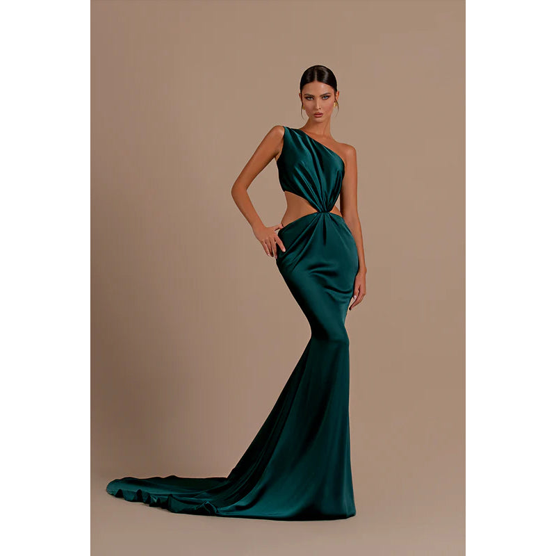 Sexy One-Shoulder-Rüschen-Satin-Meerjungfrau-langes formelles Abendkleid