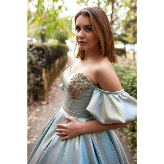 Unique Strapless Short Sleeves Beads Long Prom Ball Gown