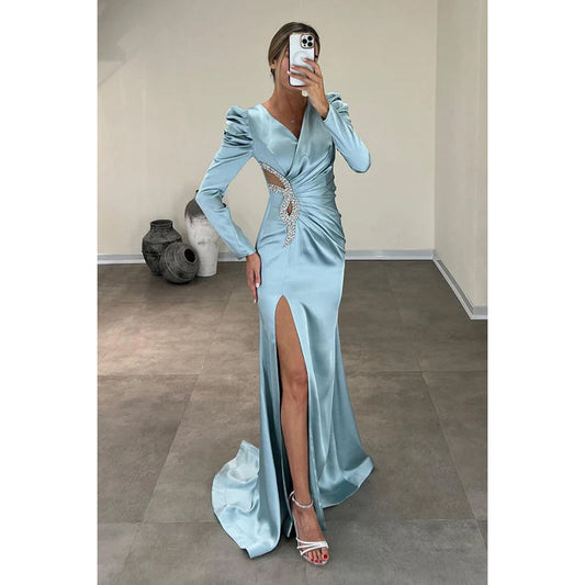 Simple Casual Long Sleeves Slit V-Neck Rhinestones Party Prom Dress