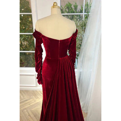 Elegant Red Off-Shoudler Long Sleeves Ruched Slit Prom Dress With Flower