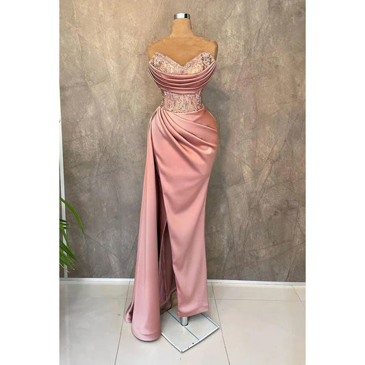 Elegant & Luxurious V-Neck Sleeveless Ruched Floral Embroidered Slit Prom Dress