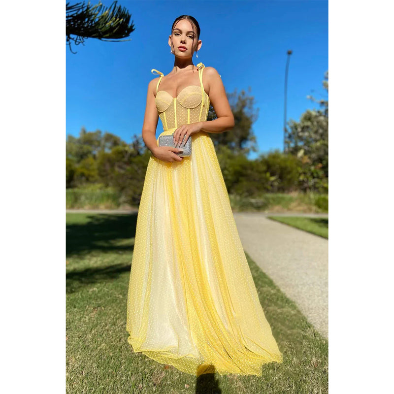 Spaghetti Straps Sweetheart Yellow Tulle Long Prom Dress