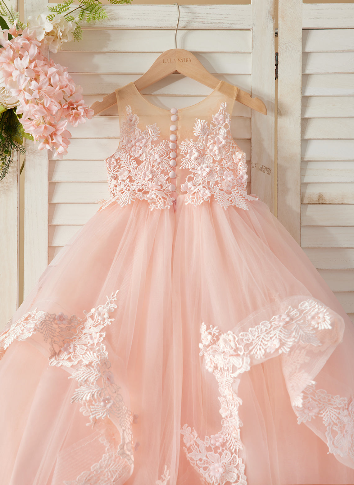 Princess Sleeveless Tulle Gown with Lace Appliques and Sweep Train for Girls