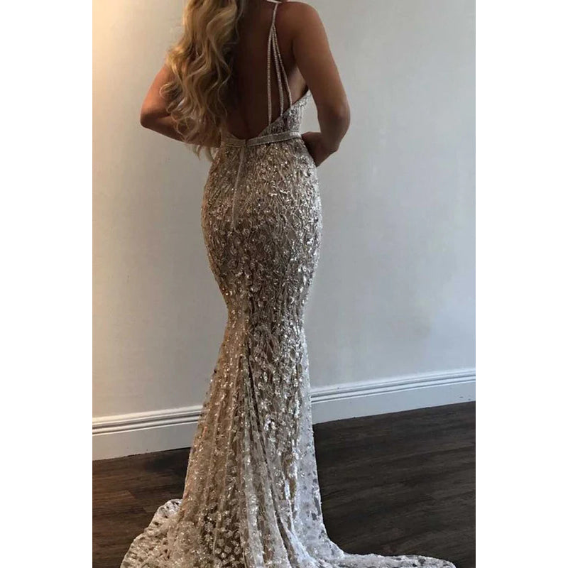 Deep V-Neck Spaghetti Straps Sequined Beaded Long Prom Dress