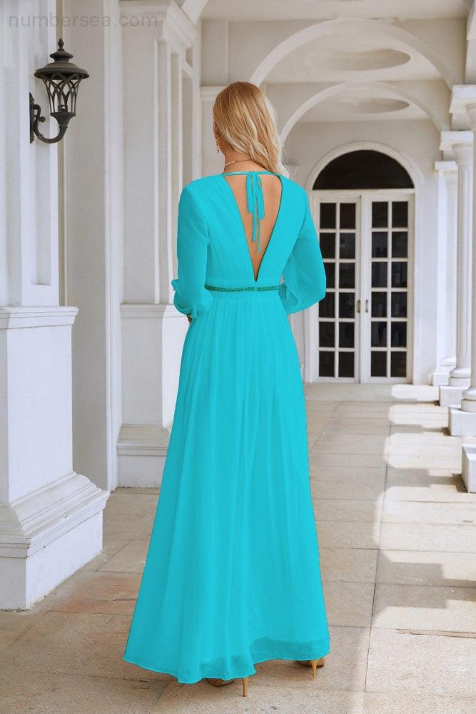 Ladies V Neck Chiffon Long Sleeve Front Slit Bridesmaid Evening Dress Wedding Party Shopping Evening Dress 28109-numbersea