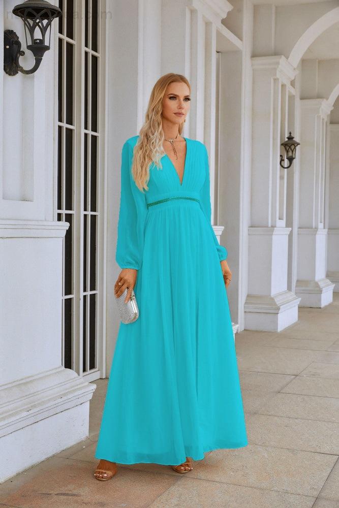 Ladies V Neck Chiffon Long Sleeve Front Slit Bridesmaid Evening Dress Wedding Party Shopping Evening Dress 28109-numbersea