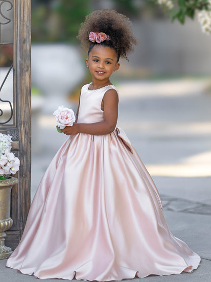 Pink Sleeveless Satin Beaded Neckline and Bow Detail Dress